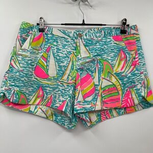 Lilly Pulitzer Size 10 Callahane Shorts Sailboats Print Turquoise Pink Green